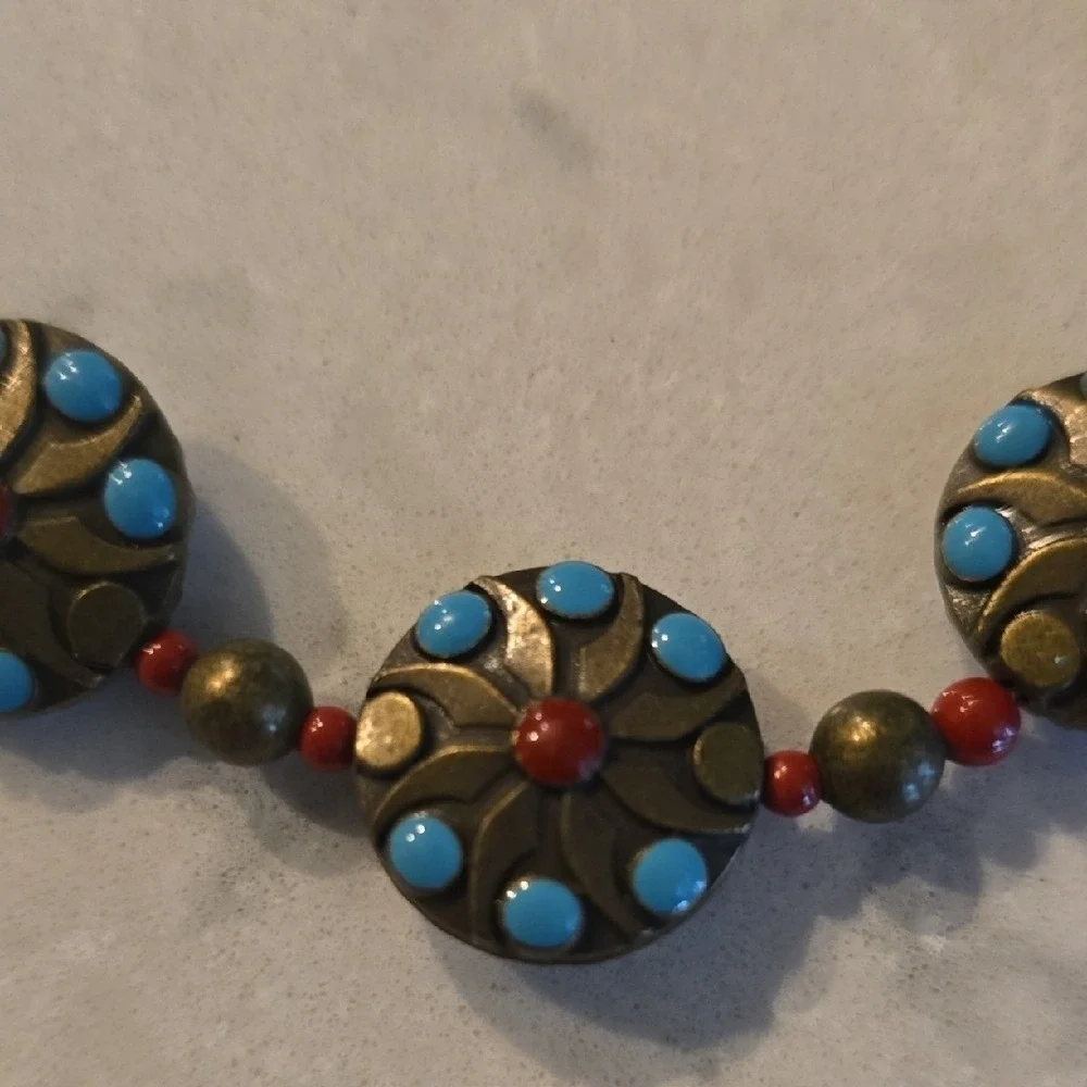 Vintage Boho Turquoise Coral Red Beaded Statement Necklace Floral Medallions 18
